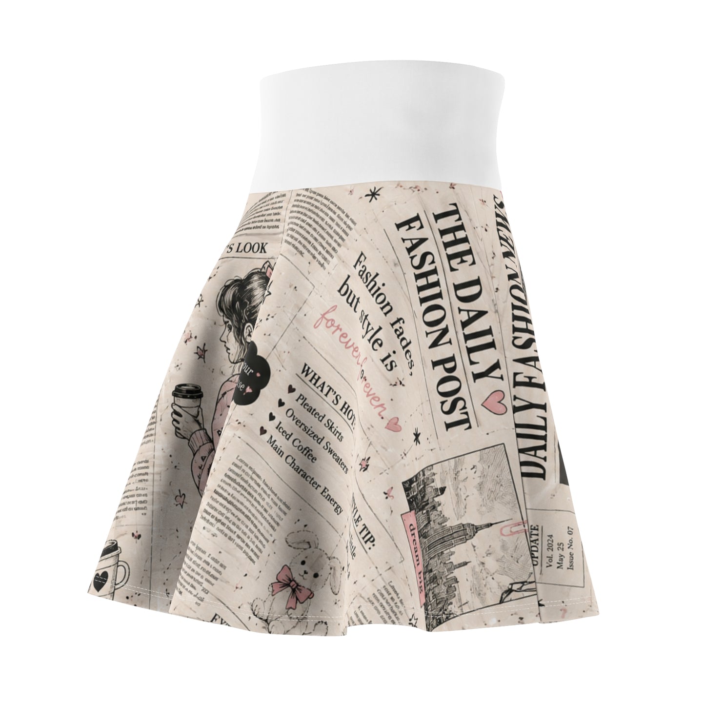 Vintage Newspaper Print Skater Skirt — Cute Girl Illustration & Fashion Headlines