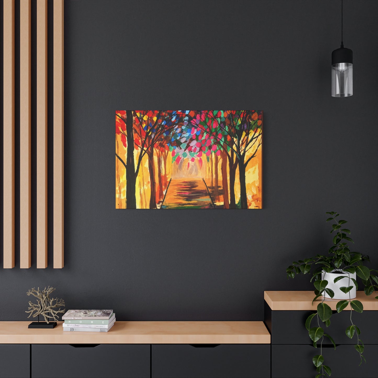 Colorful Tree Path Matte Canvas Print — Vibrant Autumn Forest Wall Art