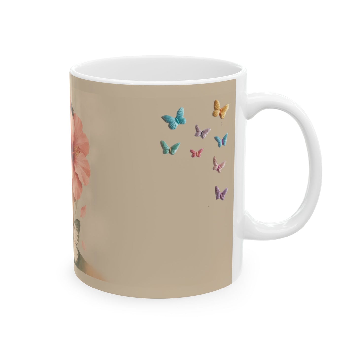 Floral Face Portrait Mug | Ceramic Coffee Mug with Pink Hibiscus and Butterflies