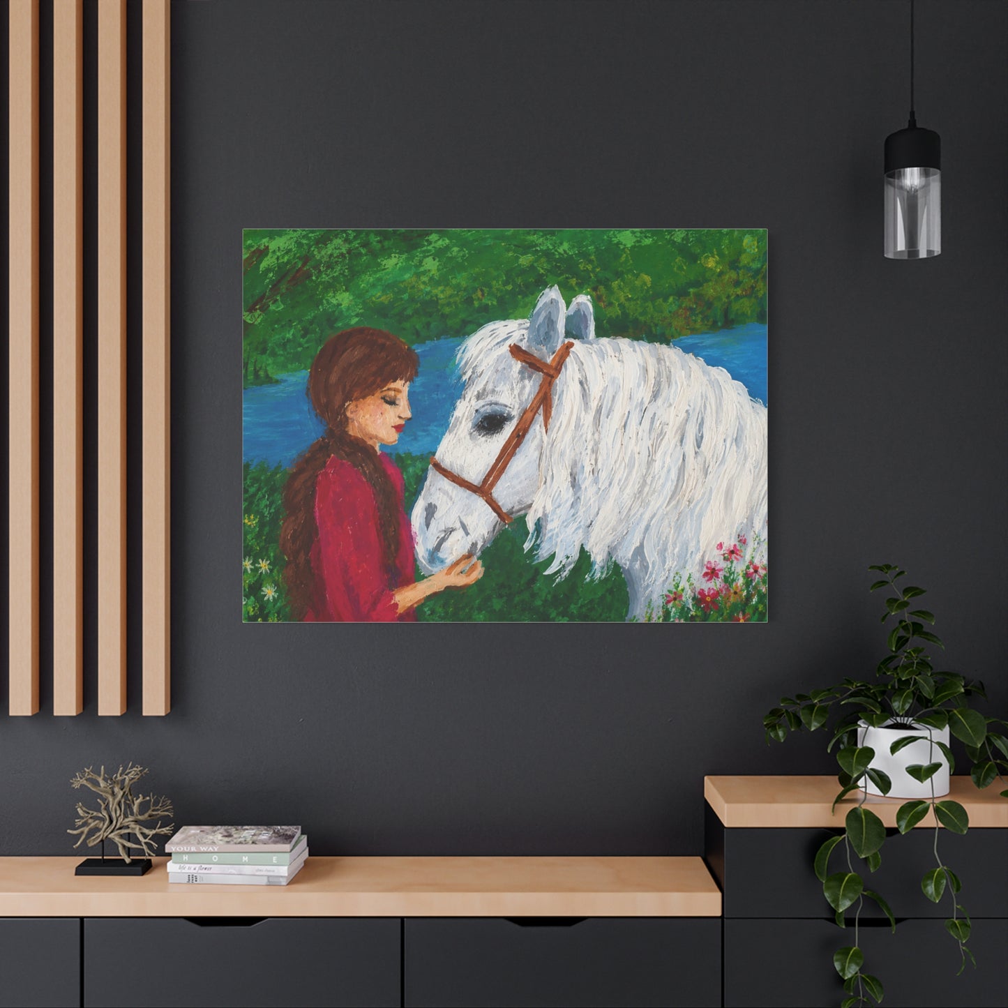 Serenity by the River — Woman with White Horse Stretched Wall Art