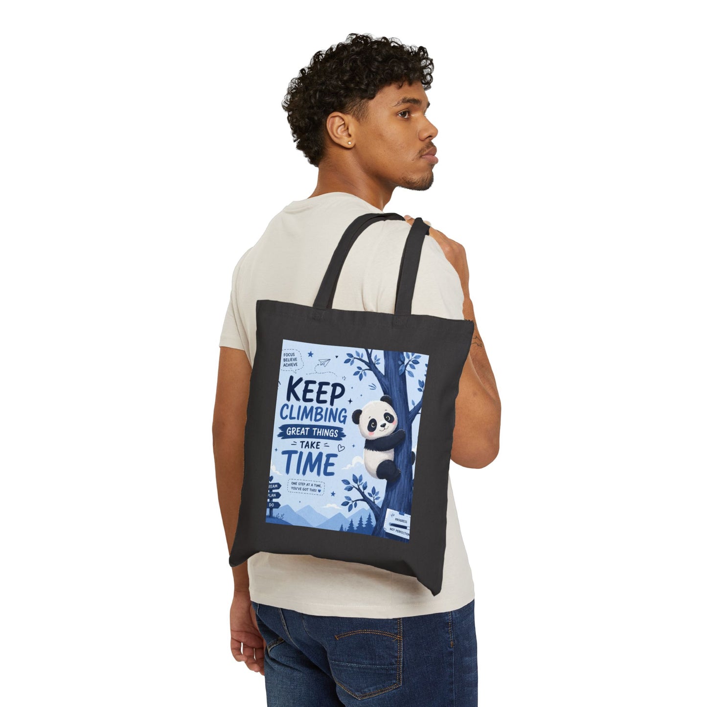 Cute Panda Reusable Canvas Tote Bag | Keep Climbing Inspirational Gift