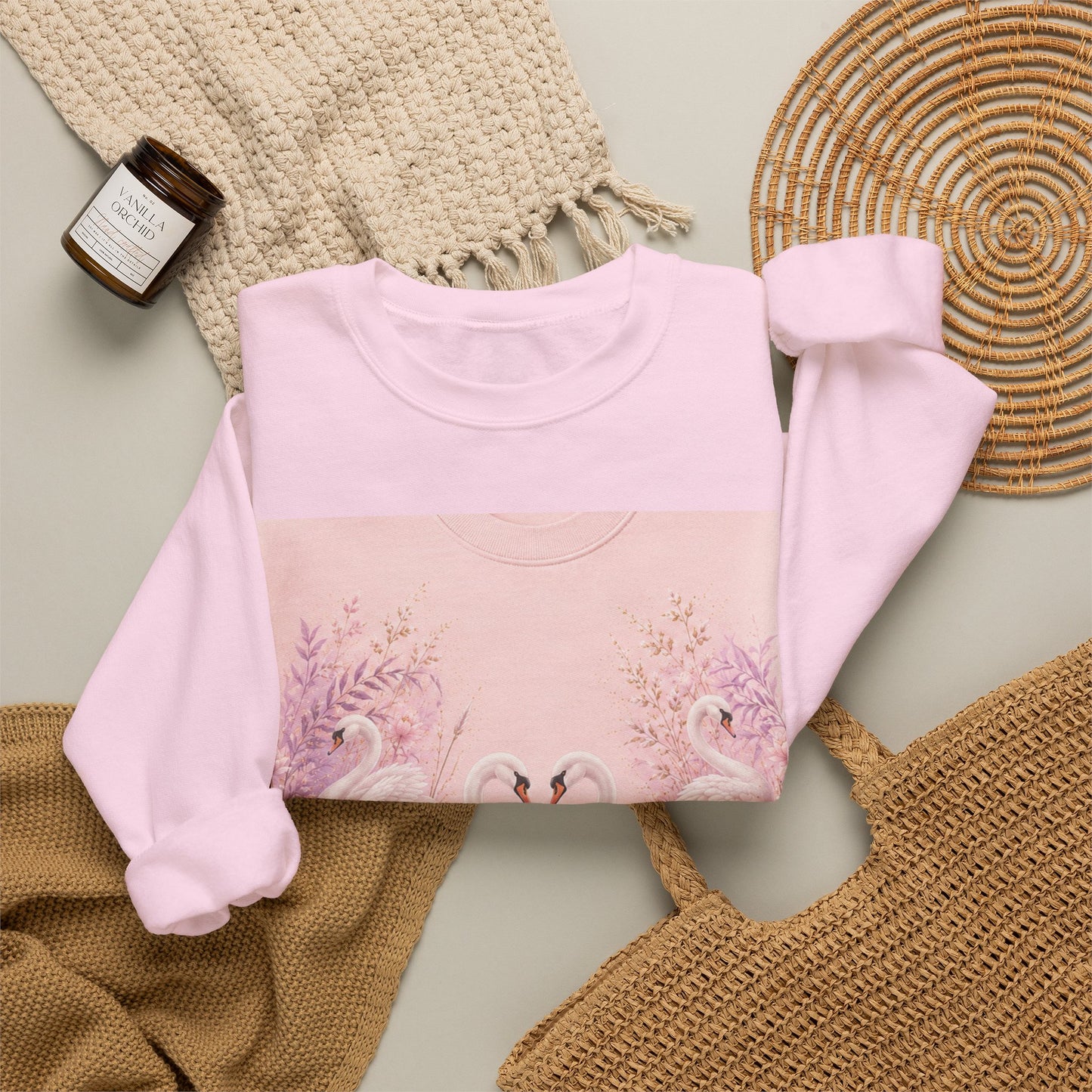 Swan Heart Crewneck Sweatshirt — Romantic Pink Swan Lake Graphic