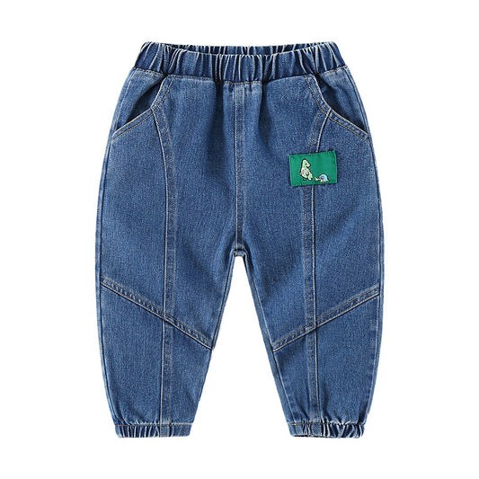 Kids' Washed Denim Pants for Boys, Elastic Cuff Tapered Fit, Long Jean Pants