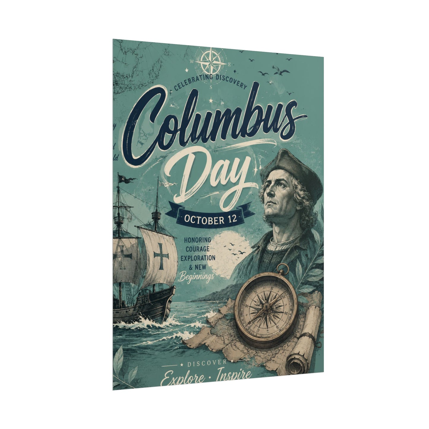 Columbus Day Poster — Rolled Vintage Exploration Print (October 12)