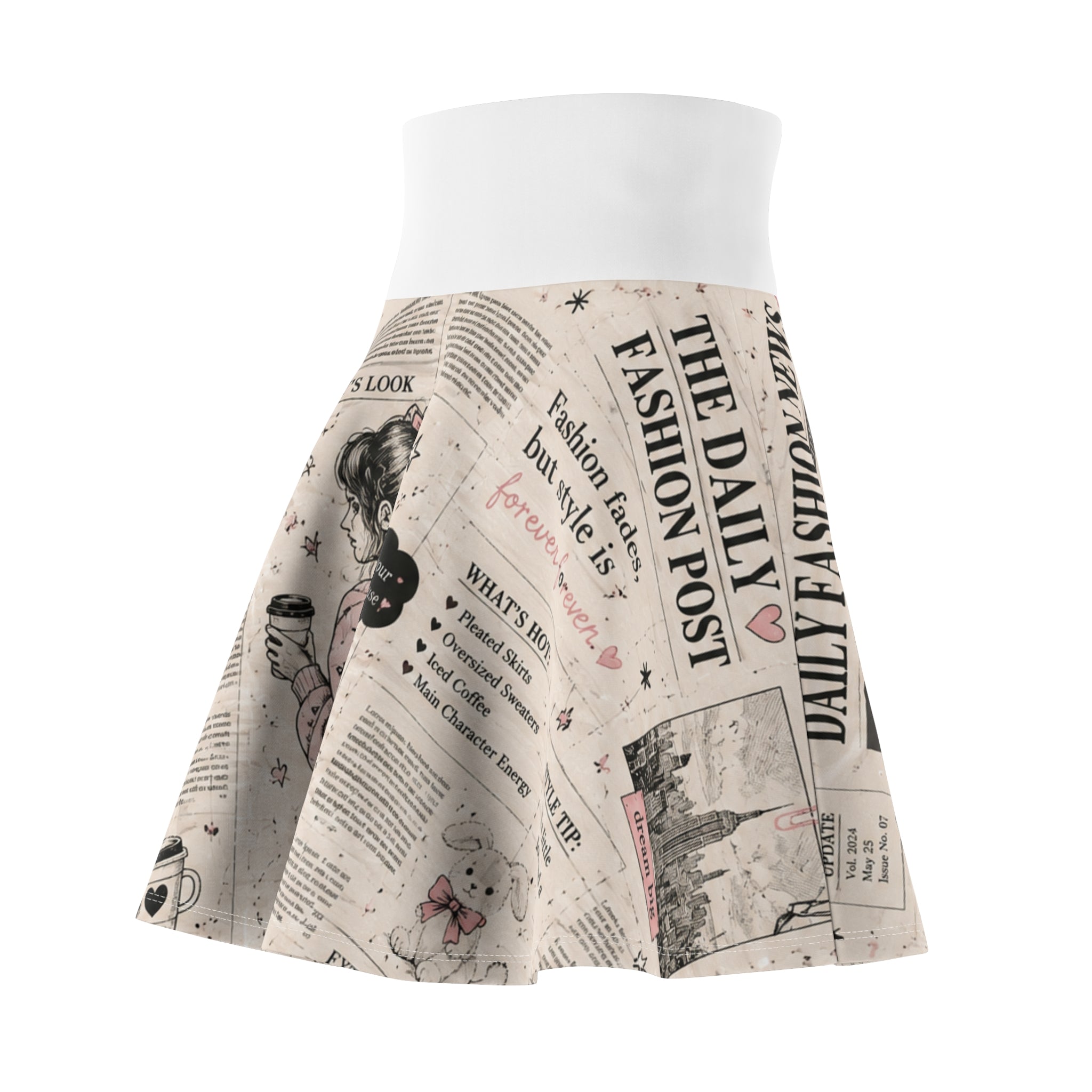 Vintage Newspaper Print Skater Skirt — Cute Girl Illustration & Fashion Headlines