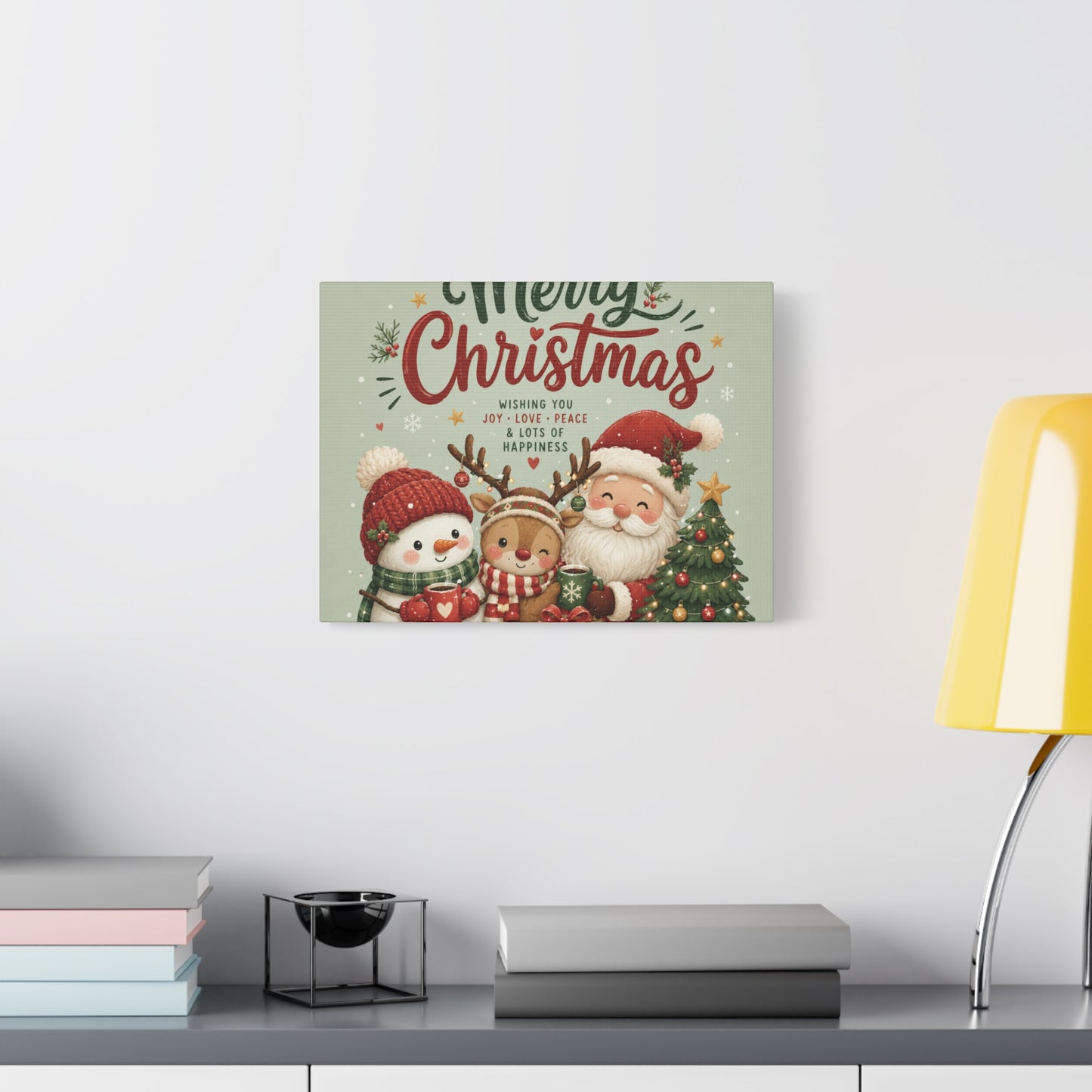 Merry Christmas Canvas Wall Art – Cute Santa, Snowman & Reindeer Holiday Print