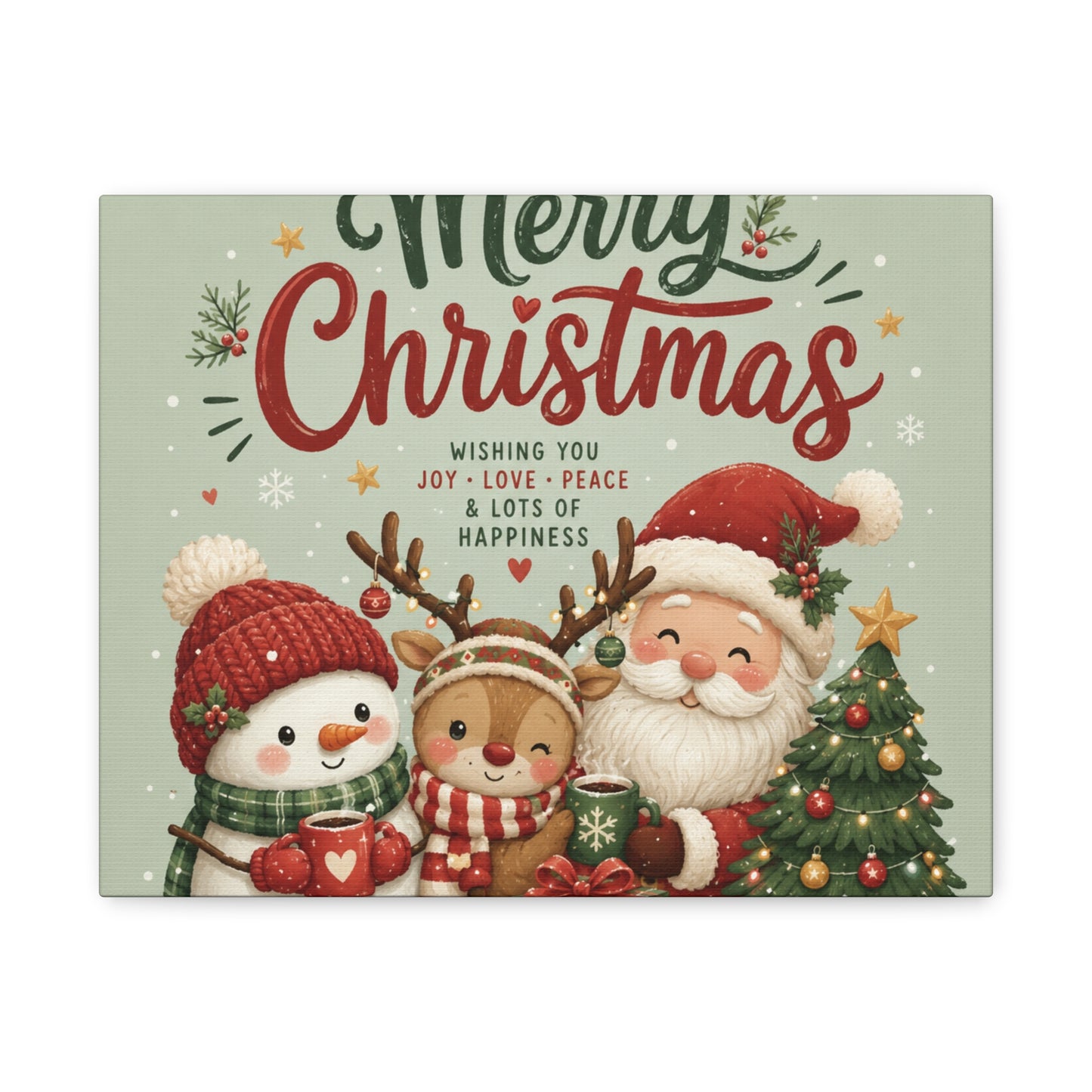 Merry Christmas Canvas Wall Art – Cute Santa, Snowman & Reindeer Holiday Print