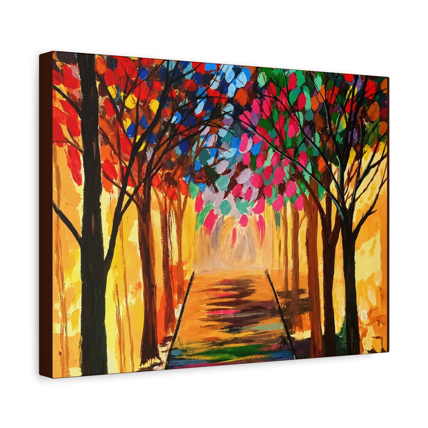Colorful Tree Path Matte Canvas Print — Vibrant Autumn Forest Wall Art