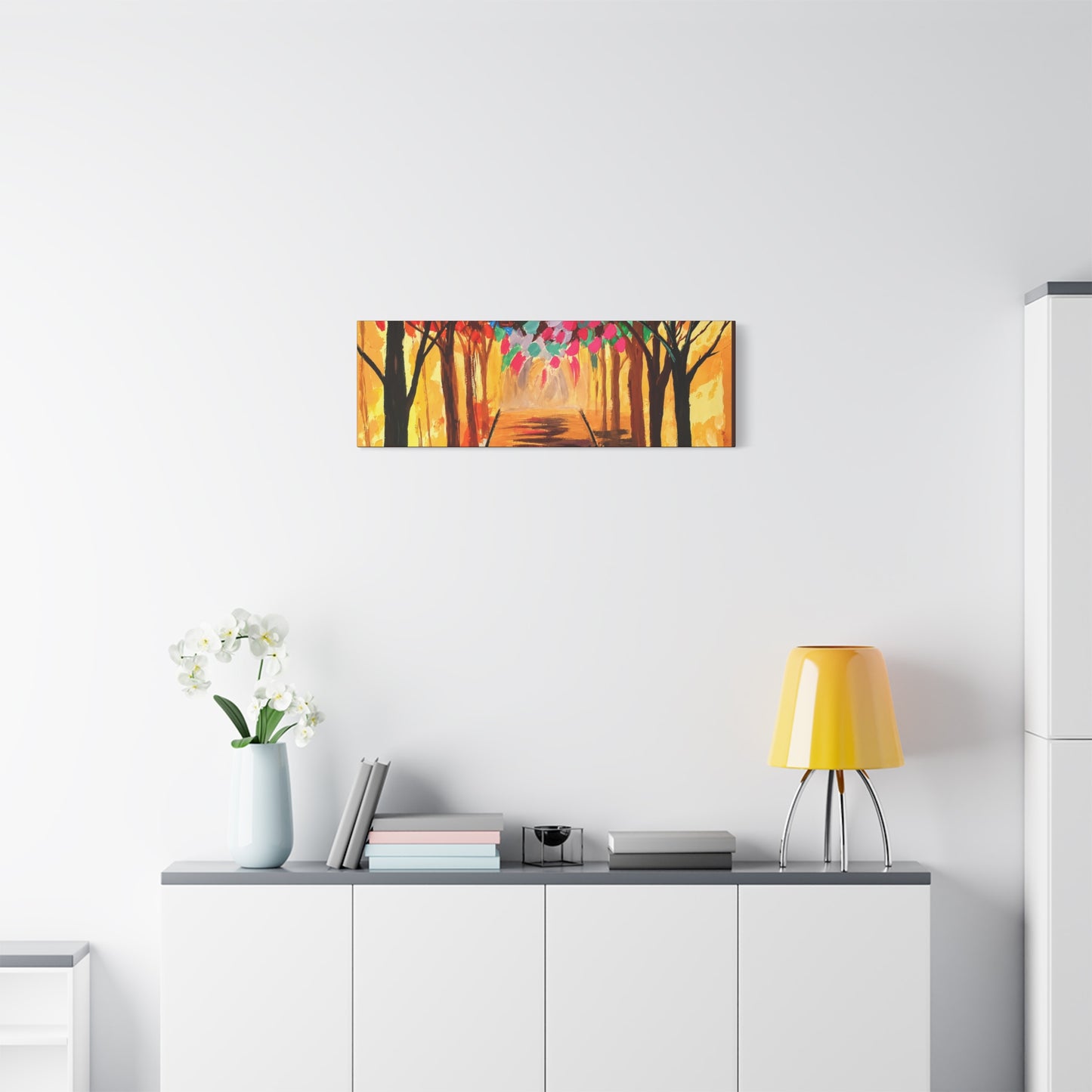 Colorful Tree Path Matte Canvas Print — Vibrant Autumn Forest Wall Art