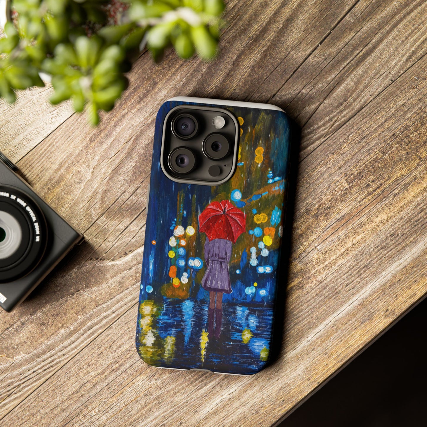 Rainy Night Phone Case — Woman with Red Umbrella Art