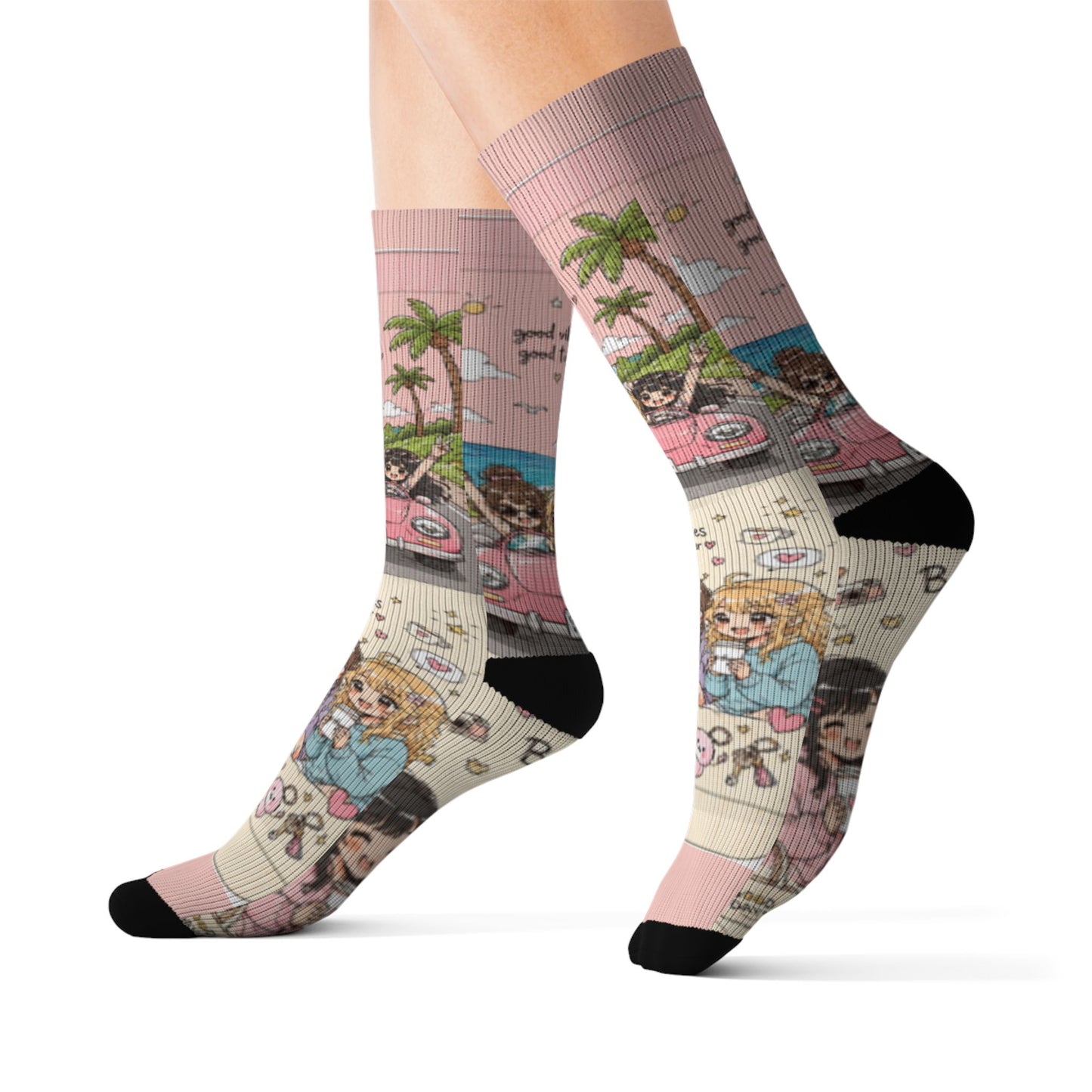 Kawaii Anime Best Friends Crew Socks – Cute Coffee & Road Trip Aesthetic Socks