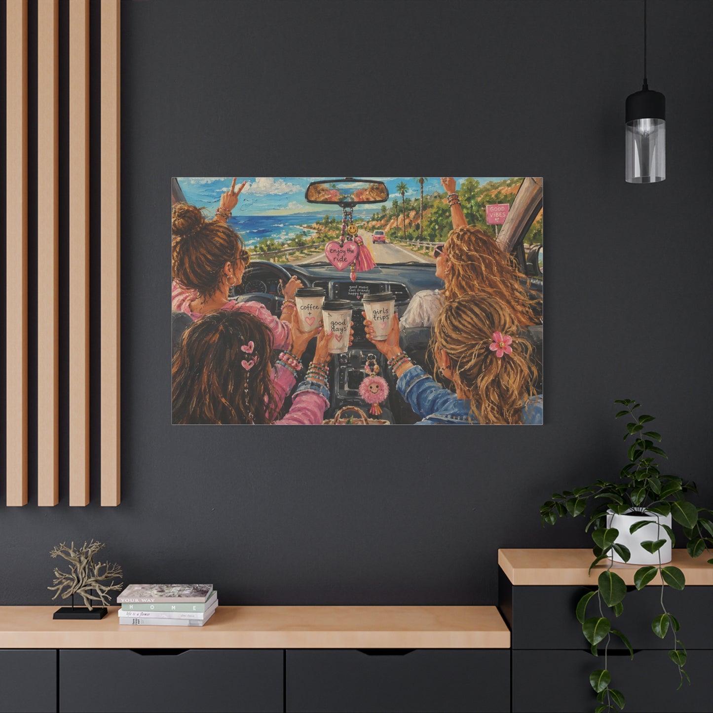Girls' Beach Road Trip Canvas Wall Art – Colorful Acrylic Painting of Best Friends, Coffee Drive & Coastal Adventure