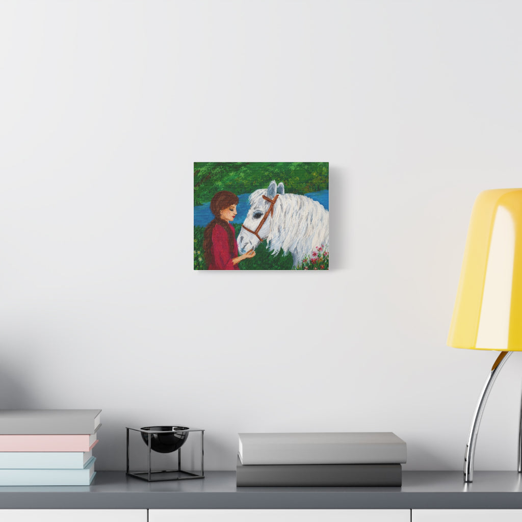 Serenity by the River — Woman with White Horse Stretched Wall Art
