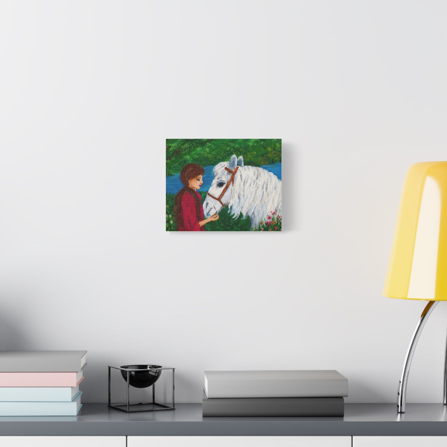 Serenity by the River — Woman with White Horse Stretched Wall Art