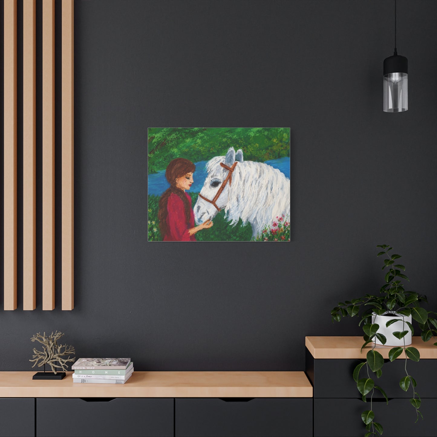 Serenity by the River — Woman with White Horse Stretched Wall Art