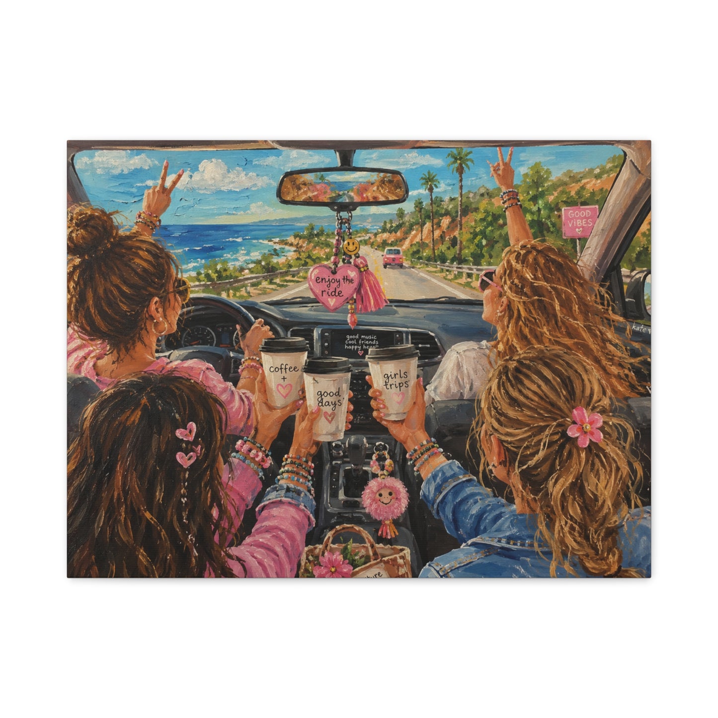 Girls' Beach Road Trip Canvas Wall Art – Colorful Acrylic Painting of Best Friends, Coffee Drive & Coastal Adventure