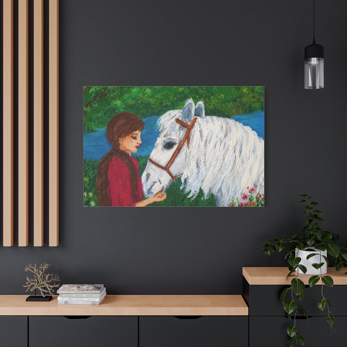 Serenity by the River — Woman with White Horse Stretched Wall Art