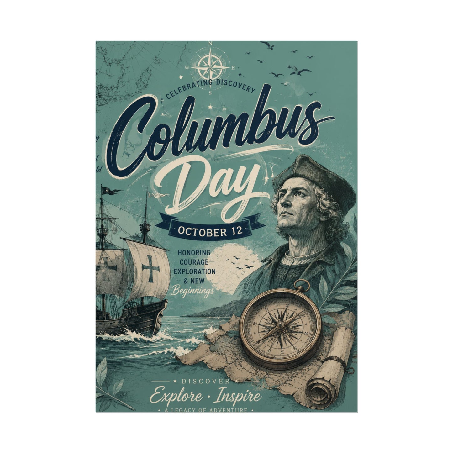 Columbus Day Poster — Rolled Vintage Exploration Print (October 12)