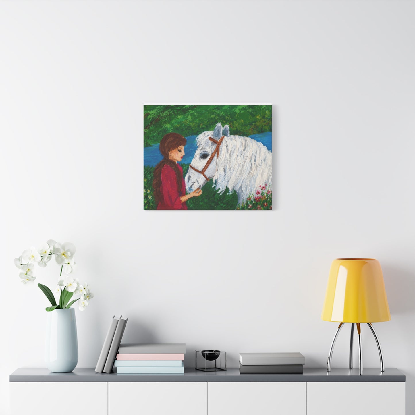 Serenity by the River — Woman with White Horse Stretched Wall Art