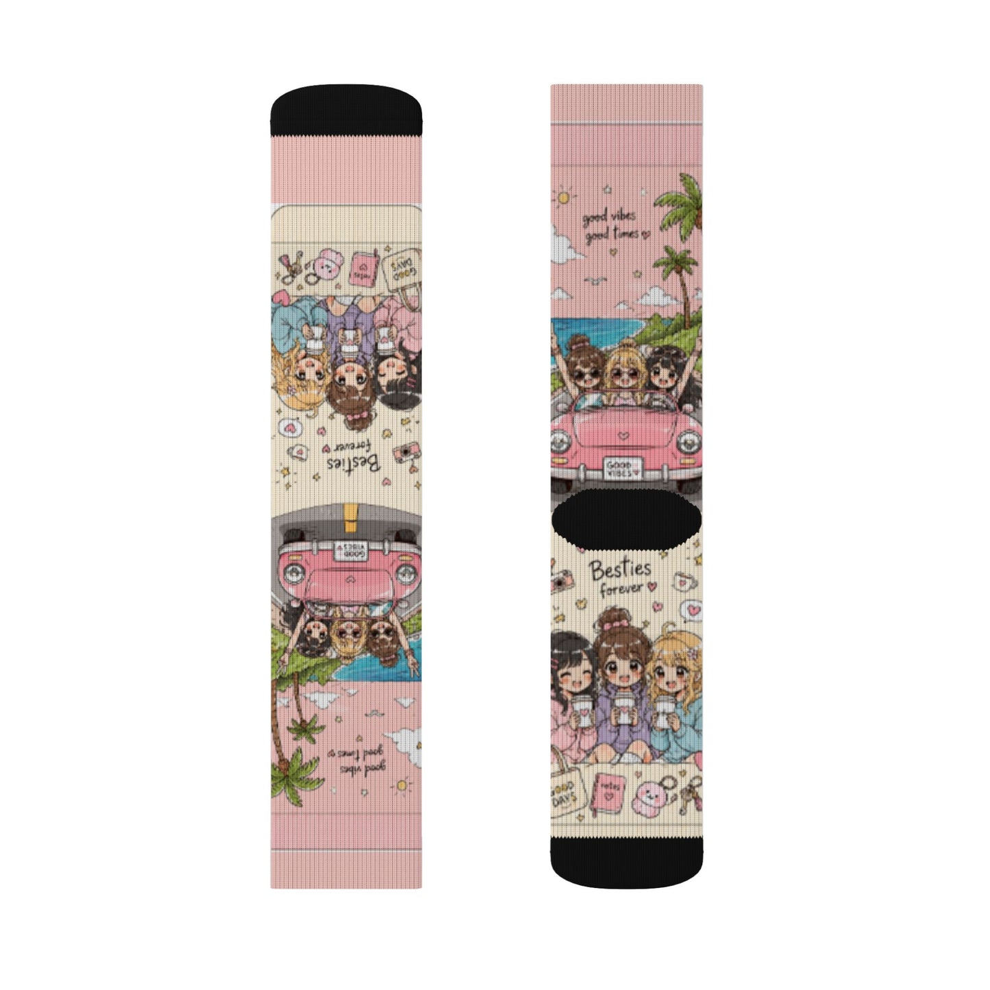 Kawaii Anime Best Friends Crew Socks – Cute Coffee & Road Trip Aesthetic Socks