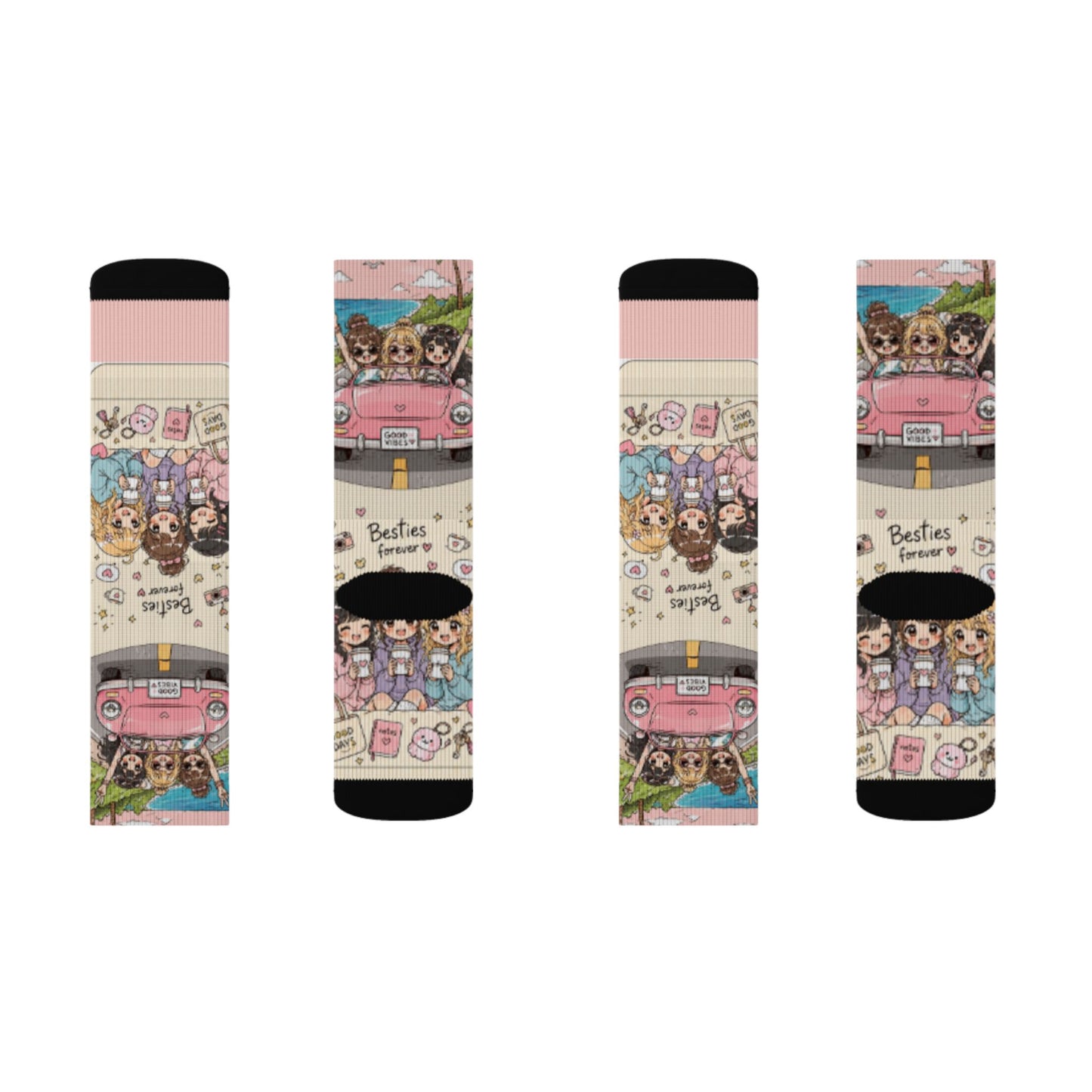 Kawaii Anime Best Friends Crew Socks – Cute Coffee & Road Trip Aesthetic Socks