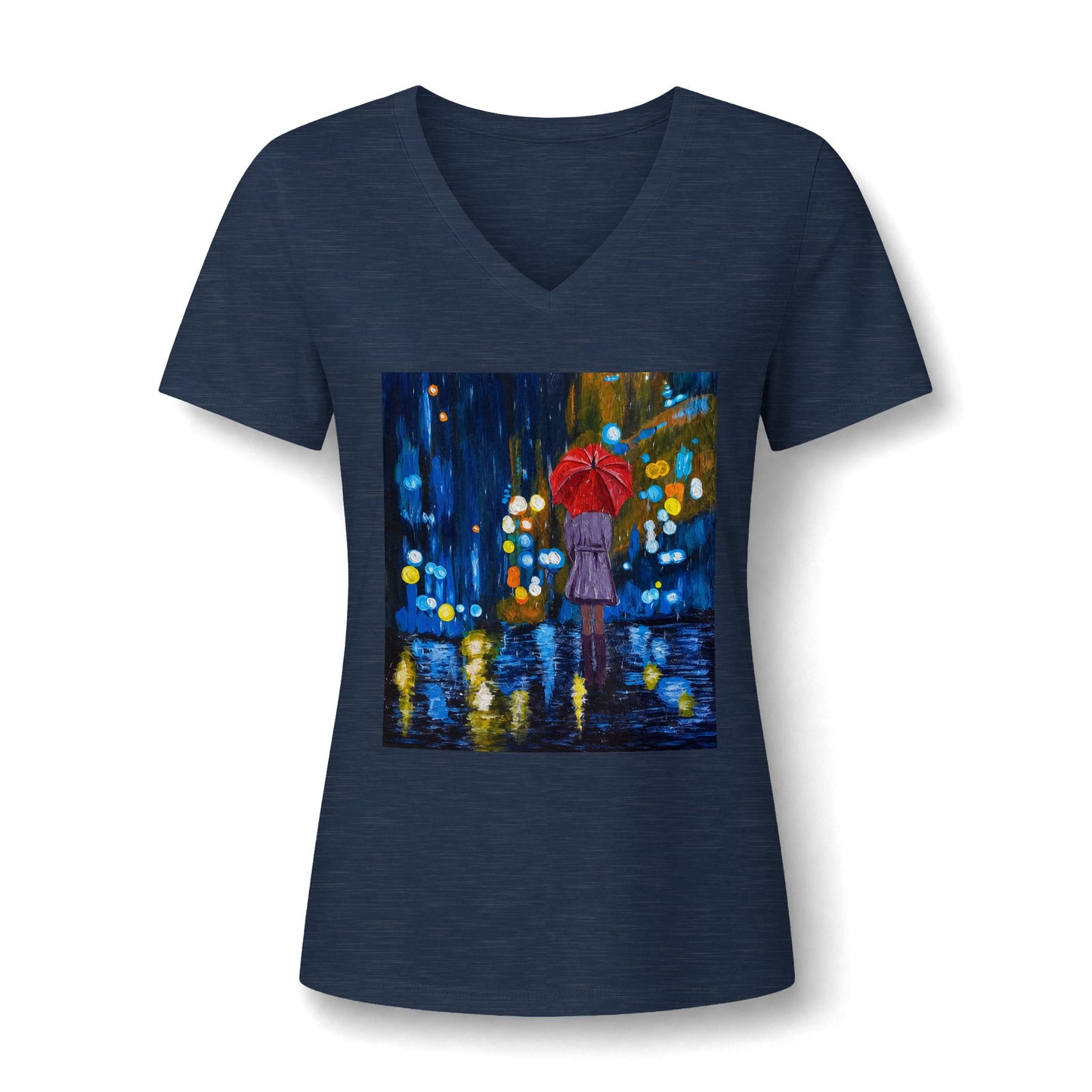Rainy Night Painting V-Neck Tee — Woman with Red Umbrella Art Shirt