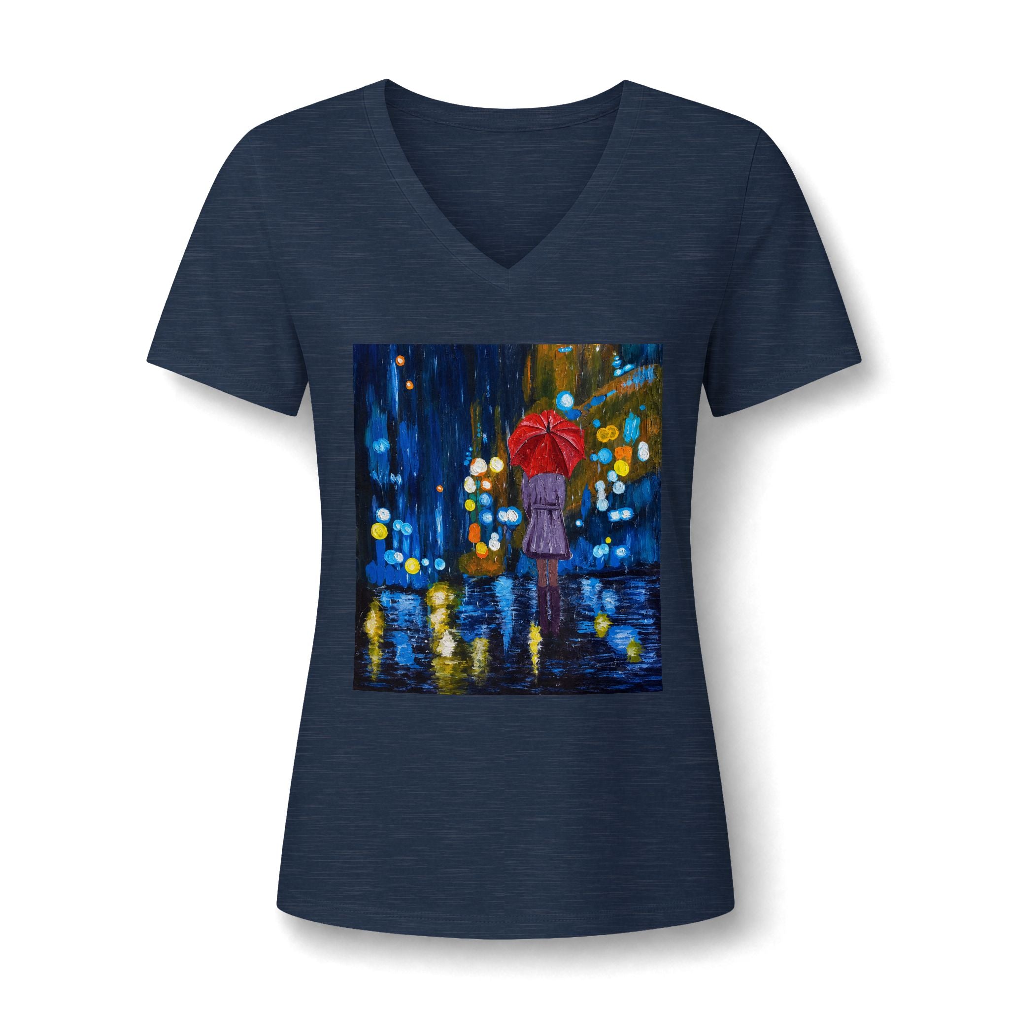 Rainy Night Painting V-Neck Tee — Woman with Red Umbrella Art Shirt