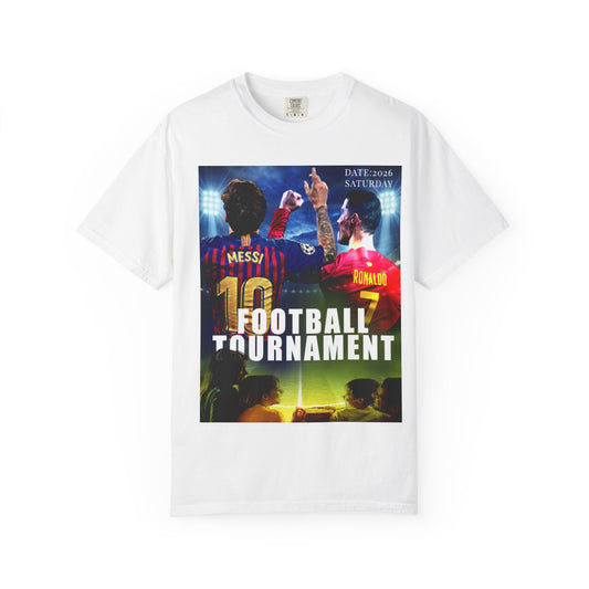 Football Tournament T‑Shirt — Messi & Ronaldo Poster Design