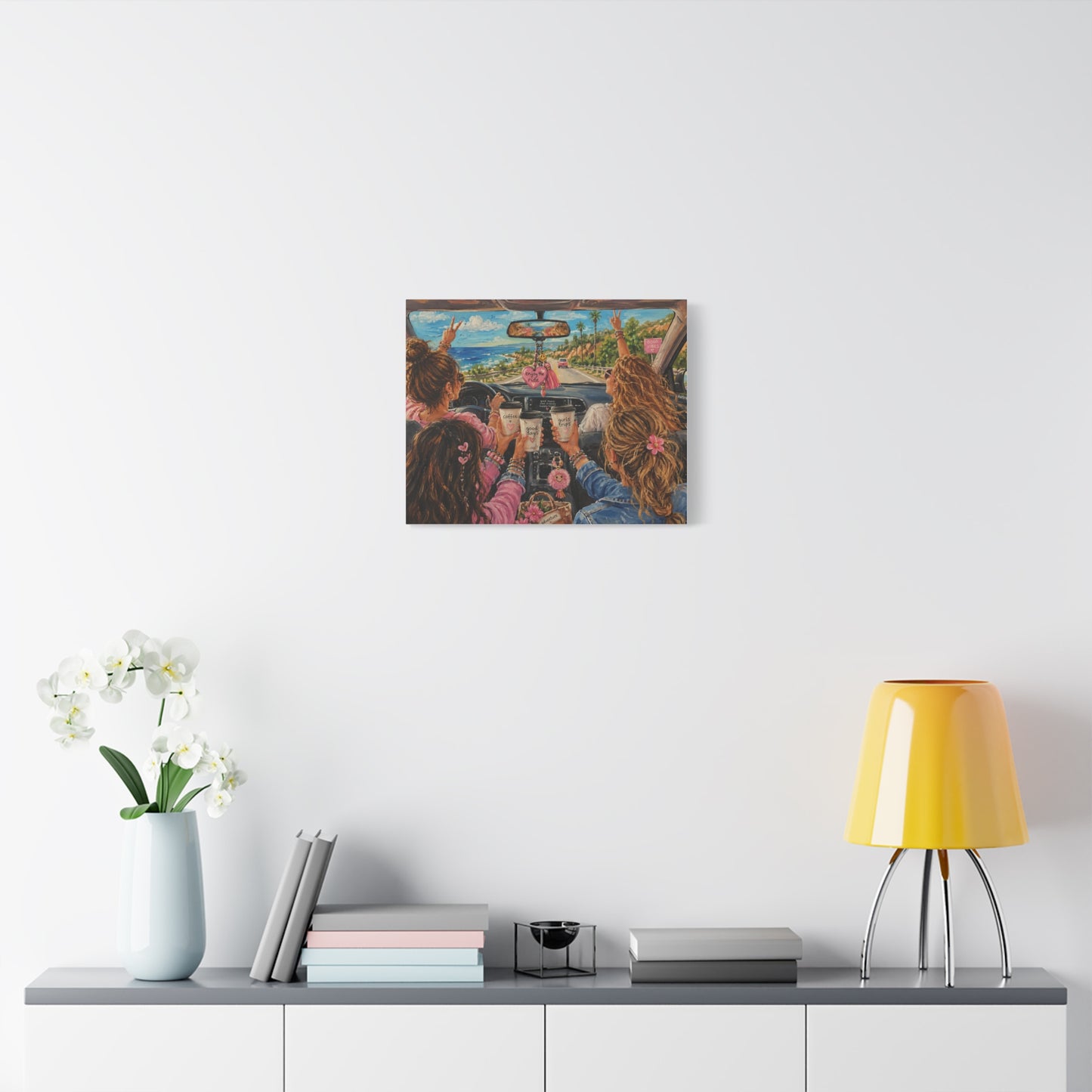 Girls' Beach Road Trip Canvas Wall Art – Colorful Acrylic Painting of Best Friends, Coffee Drive & Coastal Adventure