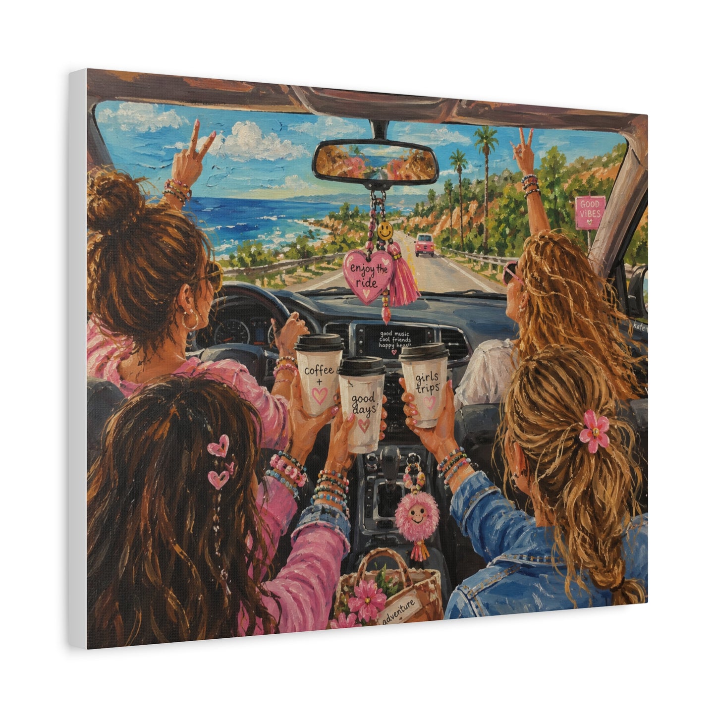 Girls' Beach Road Trip Canvas Wall Art – Colorful Acrylic Painting of Best Friends, Coffee Drive & Coastal Adventure