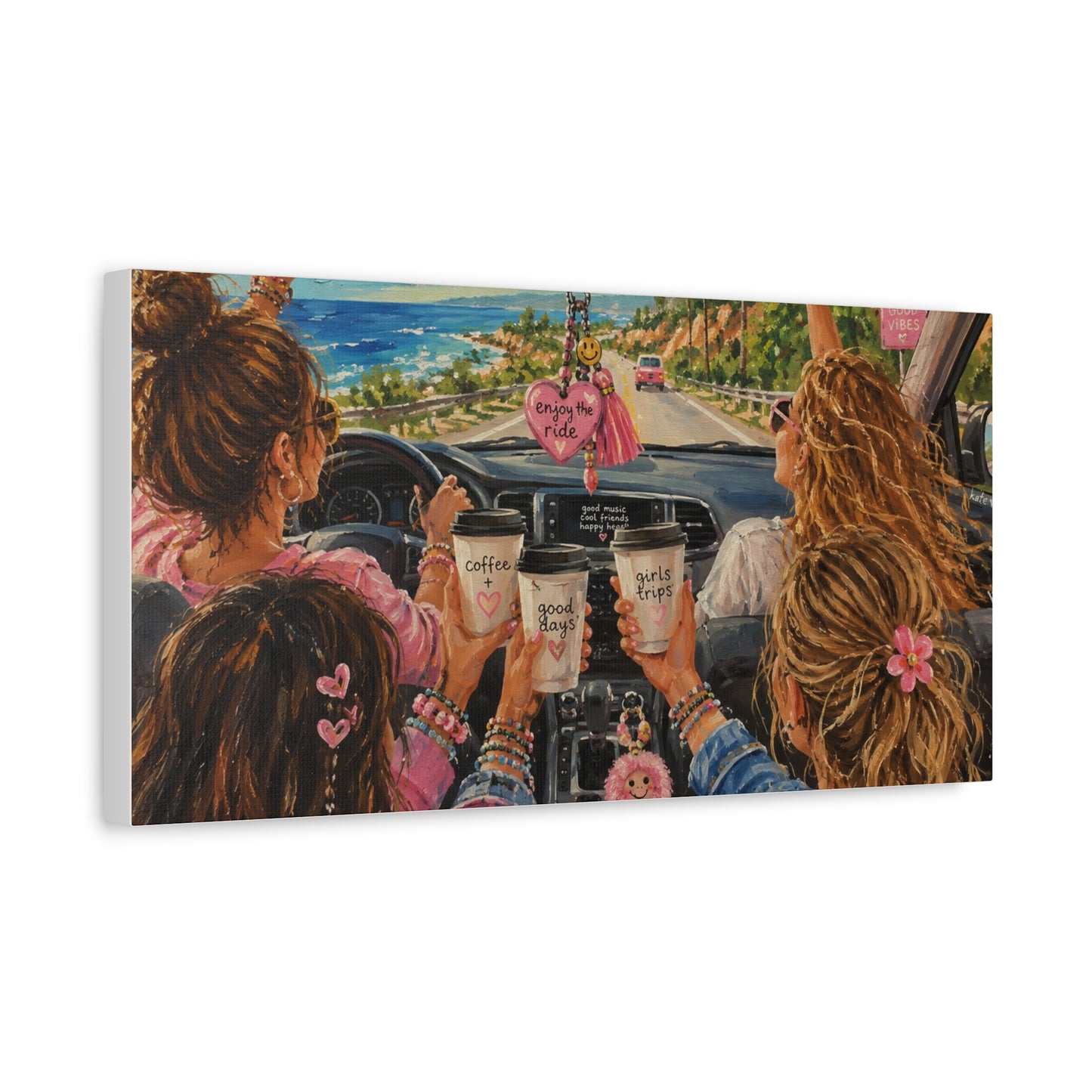 Girls' Beach Road Trip Canvas Wall Art – Colorful Acrylic Painting of Best Friends, Coffee Drive & Coastal Adventure