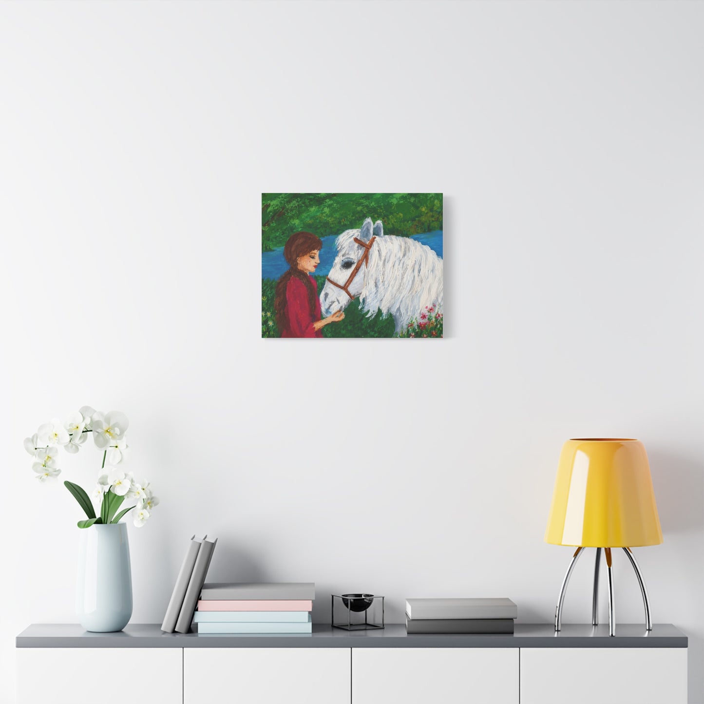 Serenity by the River — Woman with White Horse Stretched Wall Art