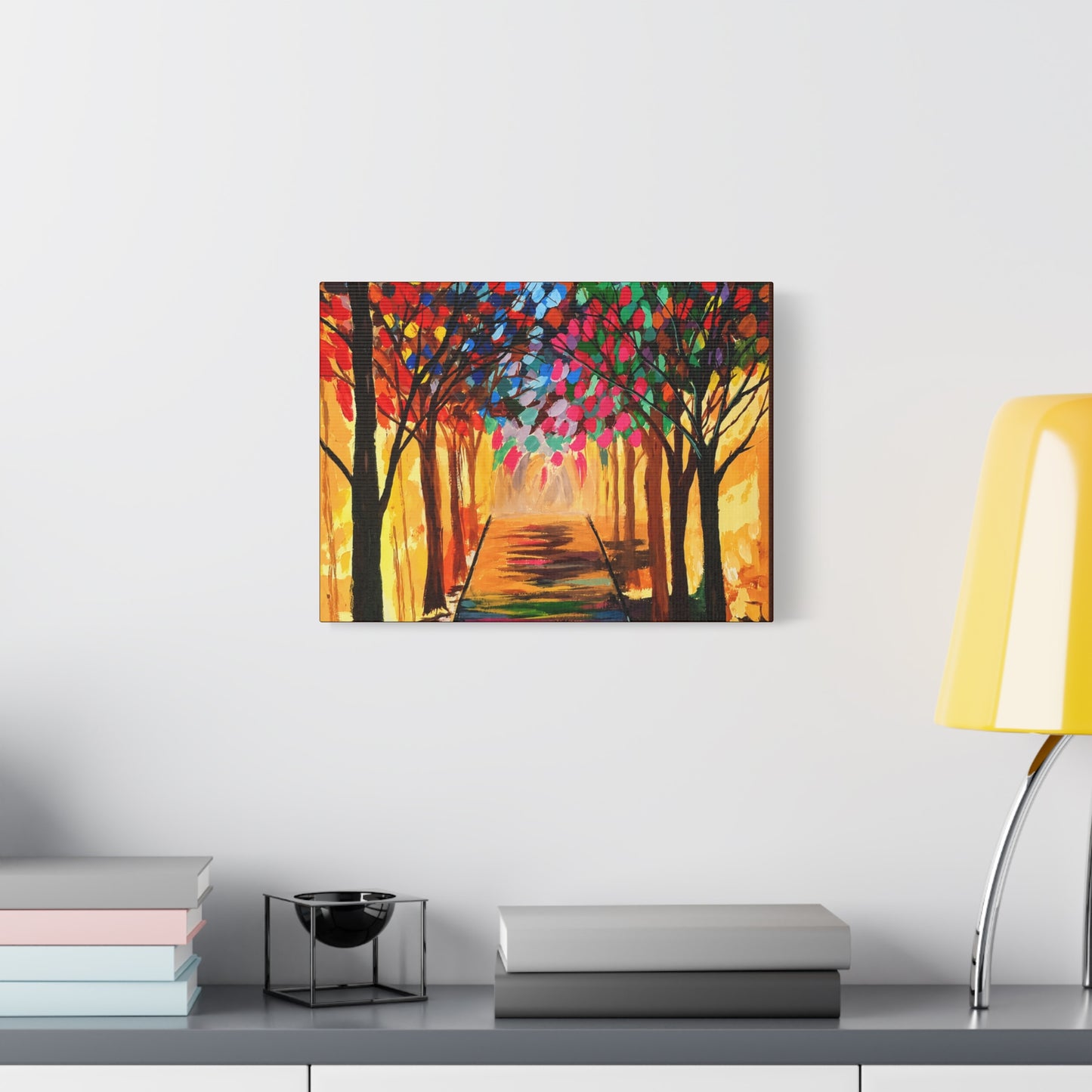 Colorful Tree Path Matte Canvas Print — Vibrant Autumn Forest Wall Art