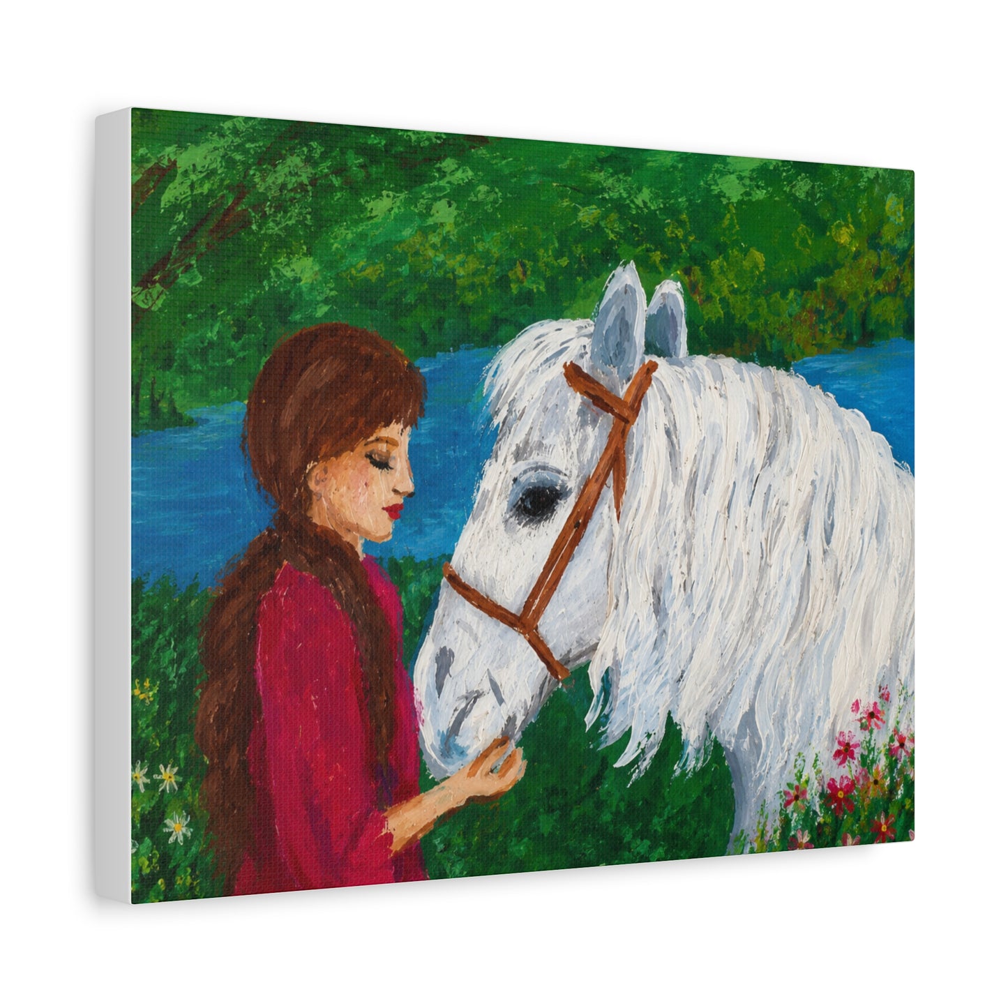Serenity by the River — Woman with White Horse Stretched Wall Art