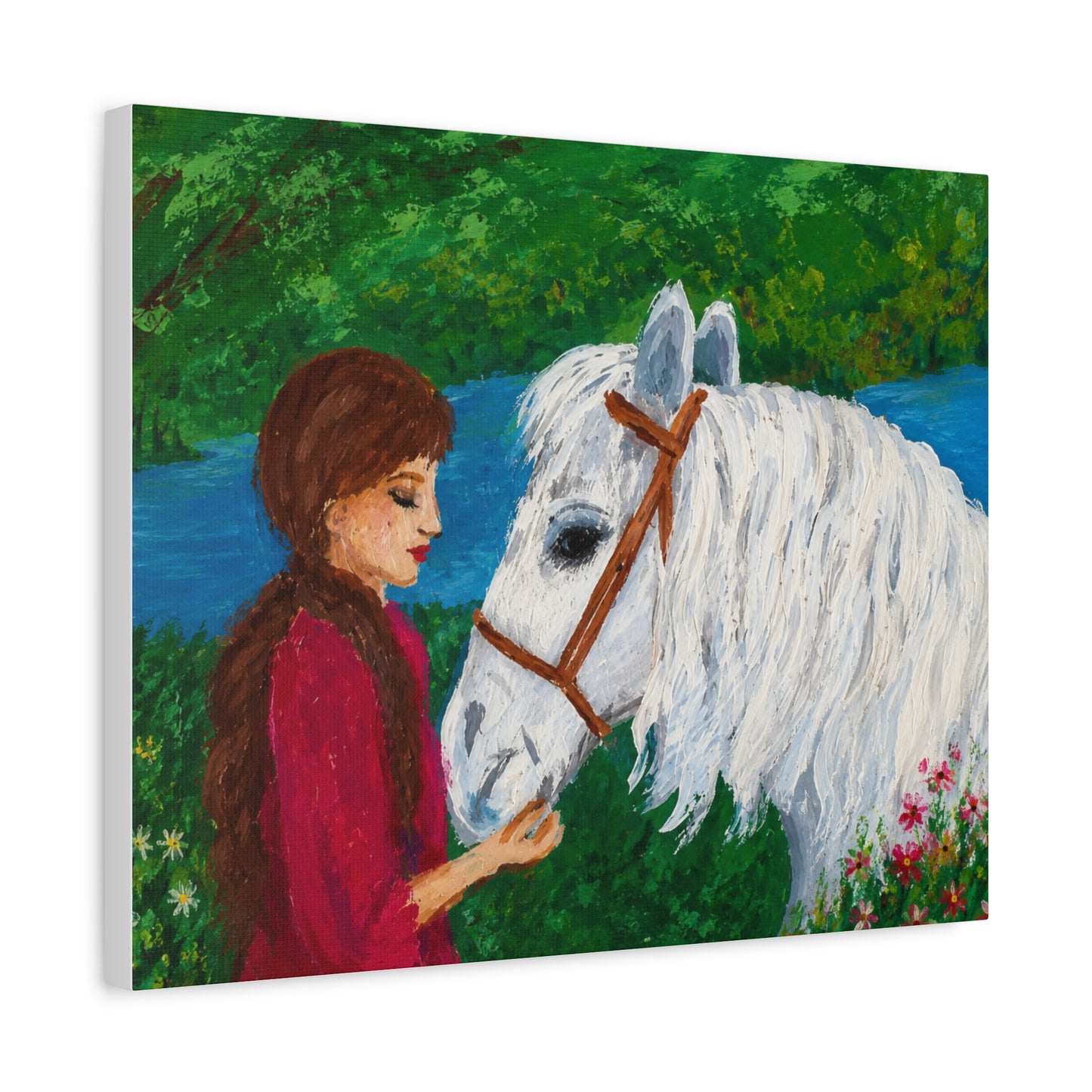 Serenity by the River — Woman with White Horse Stretched Wall Art