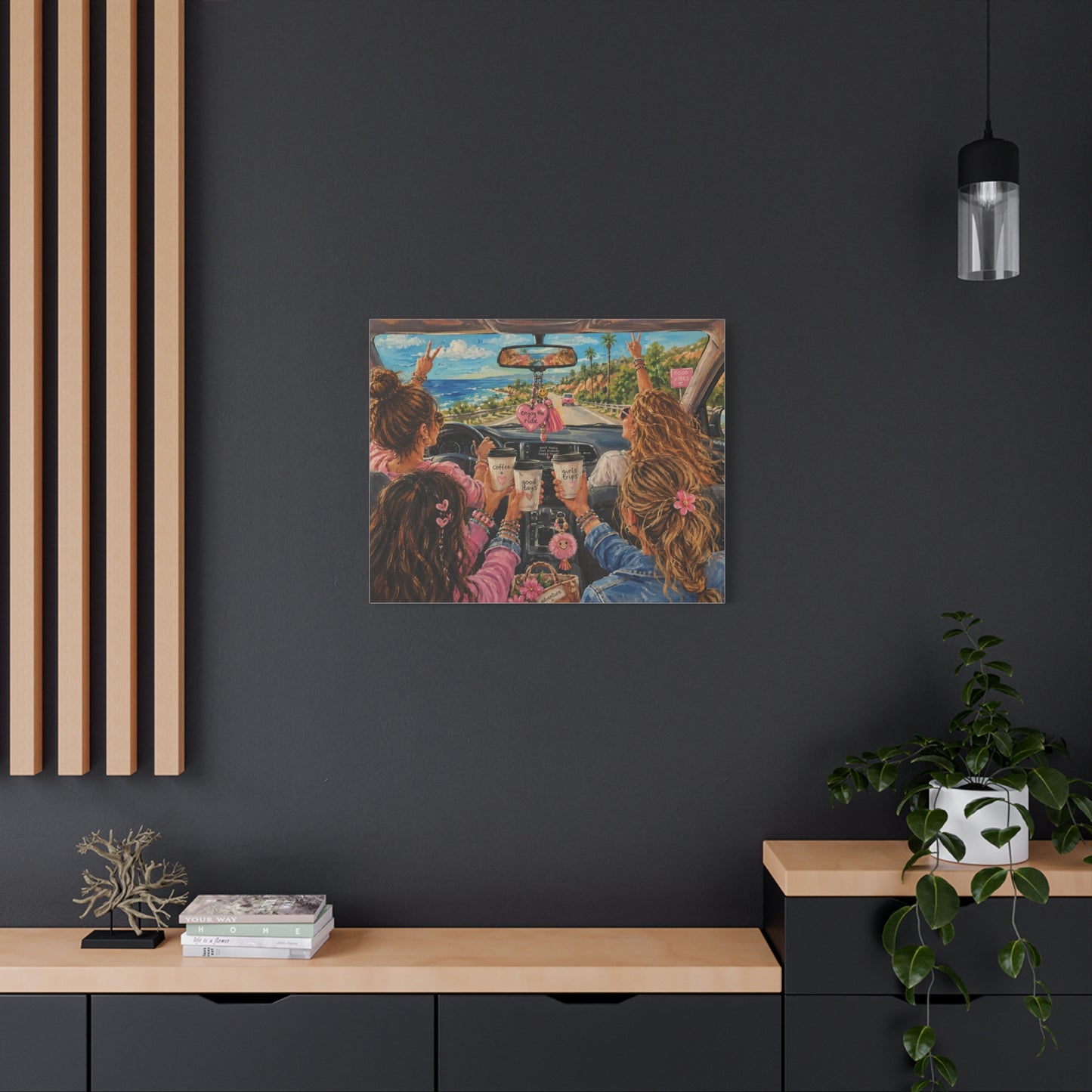 Girls' Beach Road Trip Canvas Wall Art – Colorful Acrylic Painting of Best Friends, Coffee Drive & Coastal Adventure