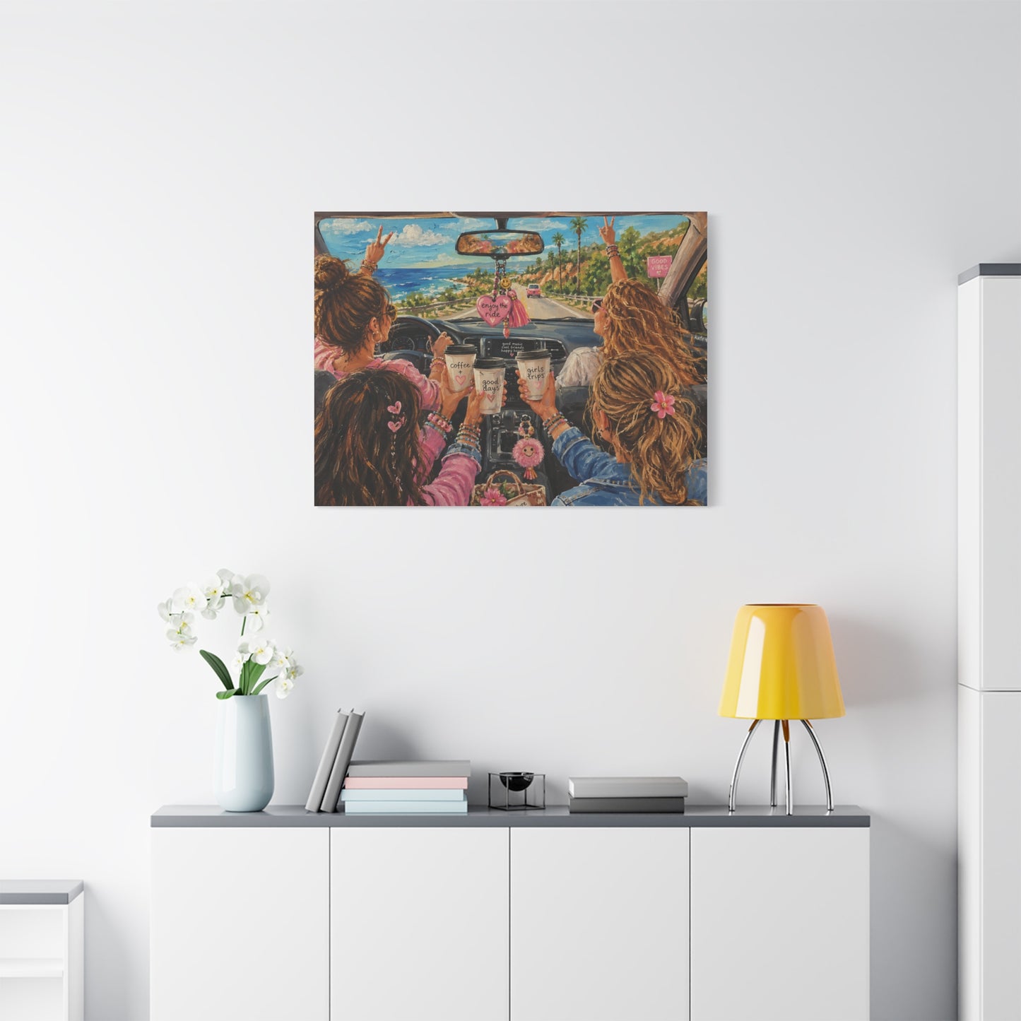 Girls' Beach Road Trip Canvas Wall Art – Colorful Acrylic Painting of Best Friends, Coffee Drive & Coastal Adventure