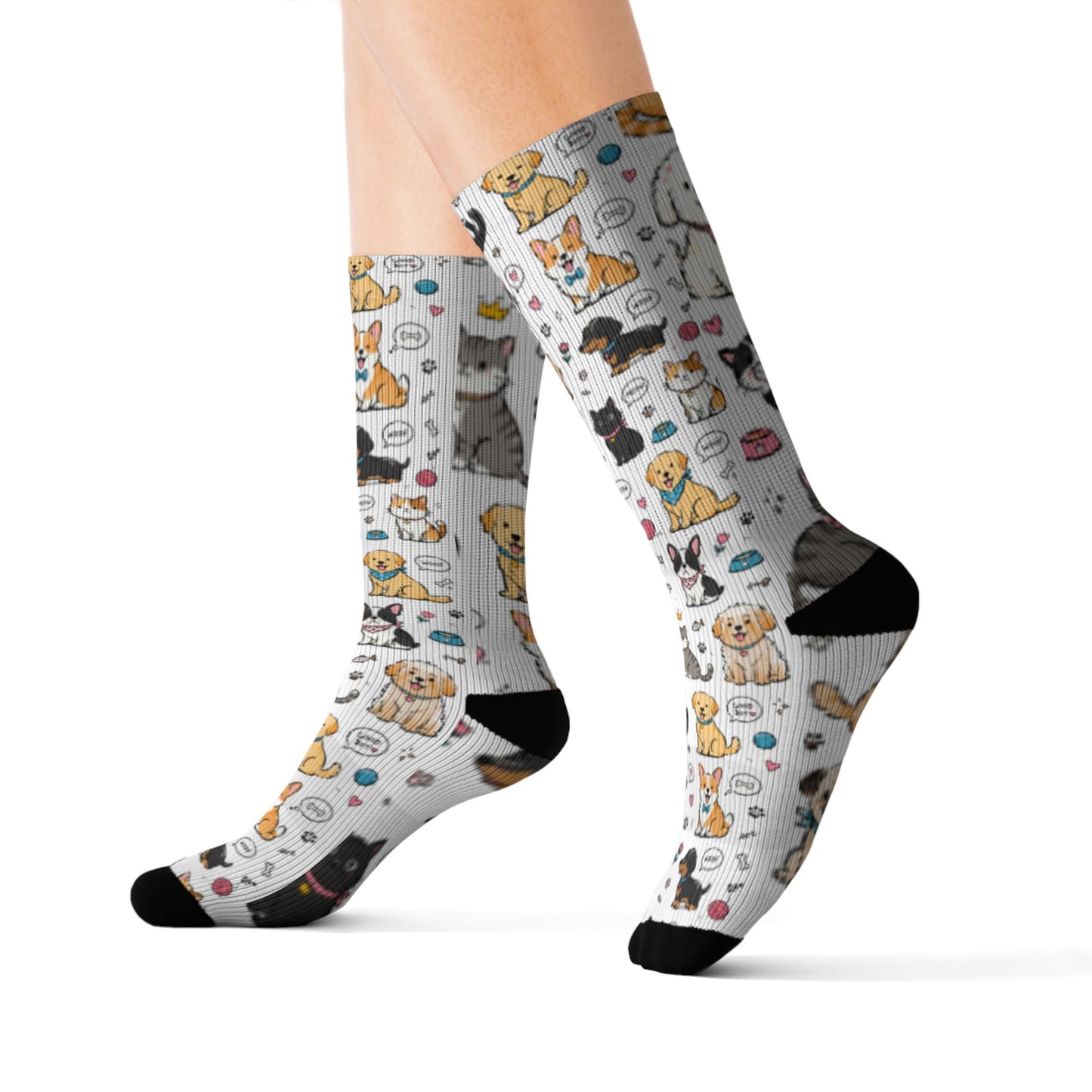 Cute Cat & Dog Doodle Crew Socks – Fun Pet Lover Gift Socks for Women & Men
