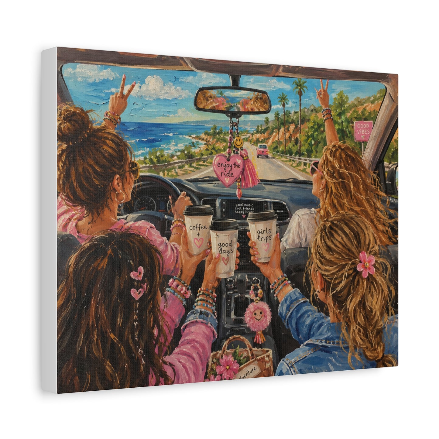 Girls' Beach Road Trip Canvas Wall Art – Colorful Acrylic Painting of Best Friends, Coffee Drive & Coastal Adventure