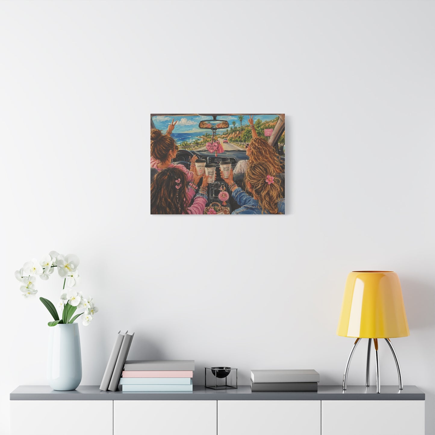 Girls' Beach Road Trip Canvas Wall Art – Colorful Acrylic Painting of Best Friends, Coffee Drive & Coastal Adventure
