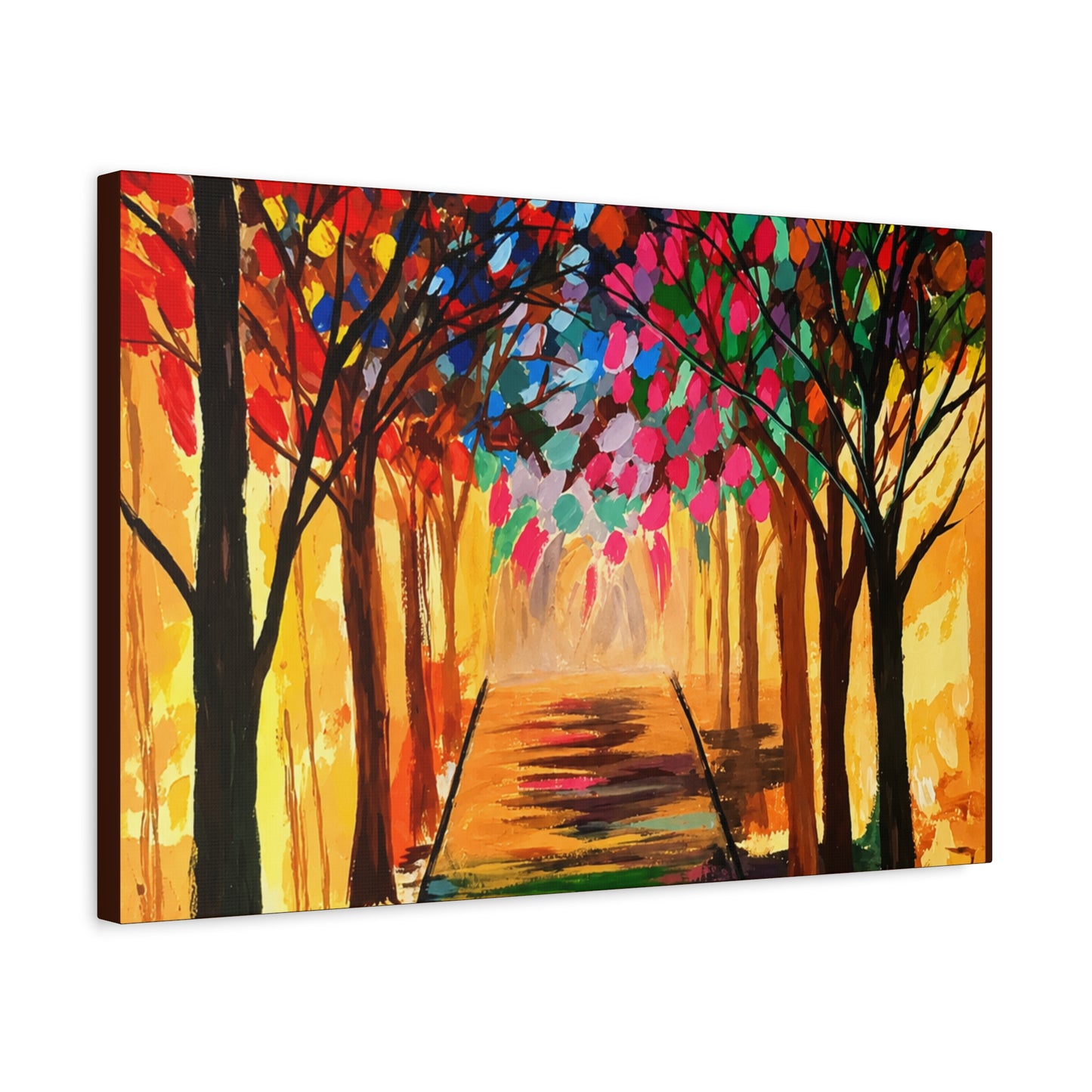 Colorful Tree Path Matte Canvas Print — Vibrant Autumn Forest Wall Art