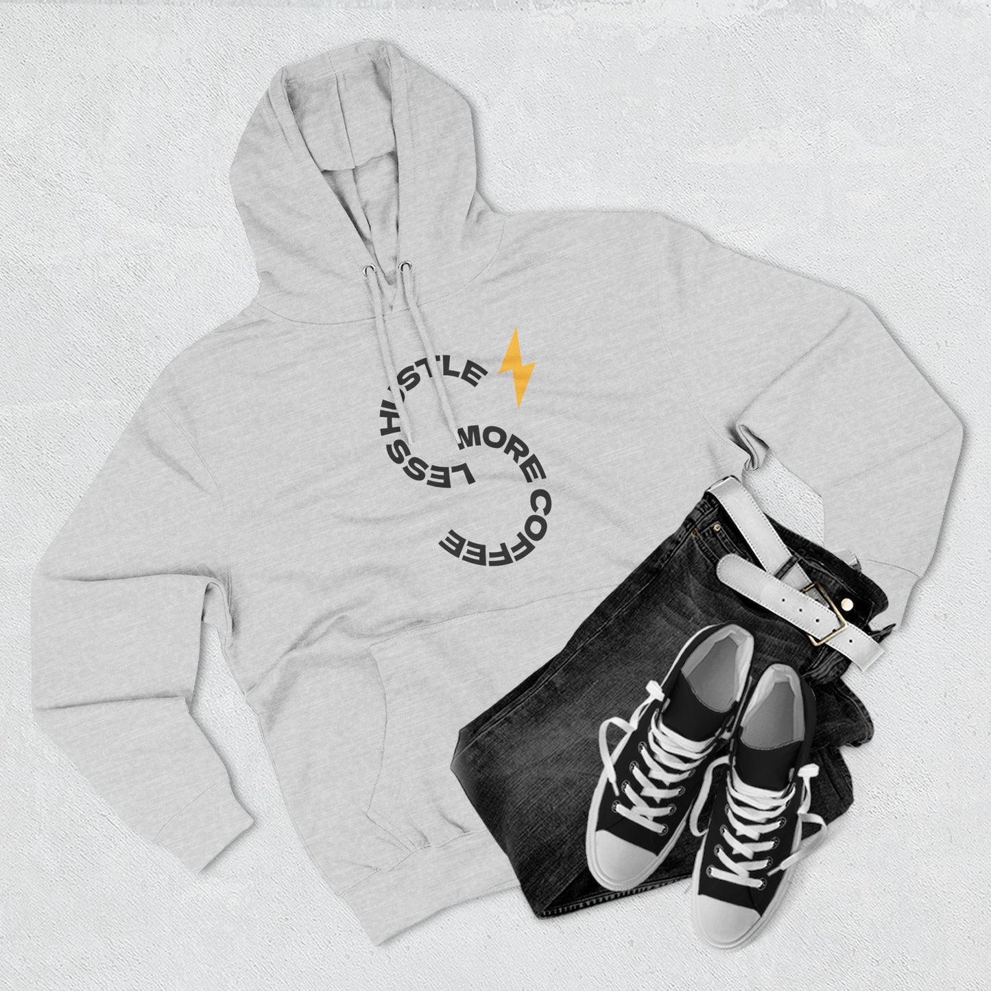 Hoodie — 'Hustle More, Coffee Less' Lightning Logo & Western Cowboy Back Print