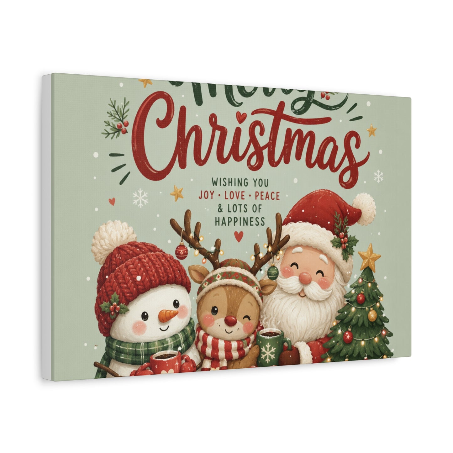 Merry Christmas Canvas Wall Art – Cute Santa, Snowman & Reindeer Holiday Print