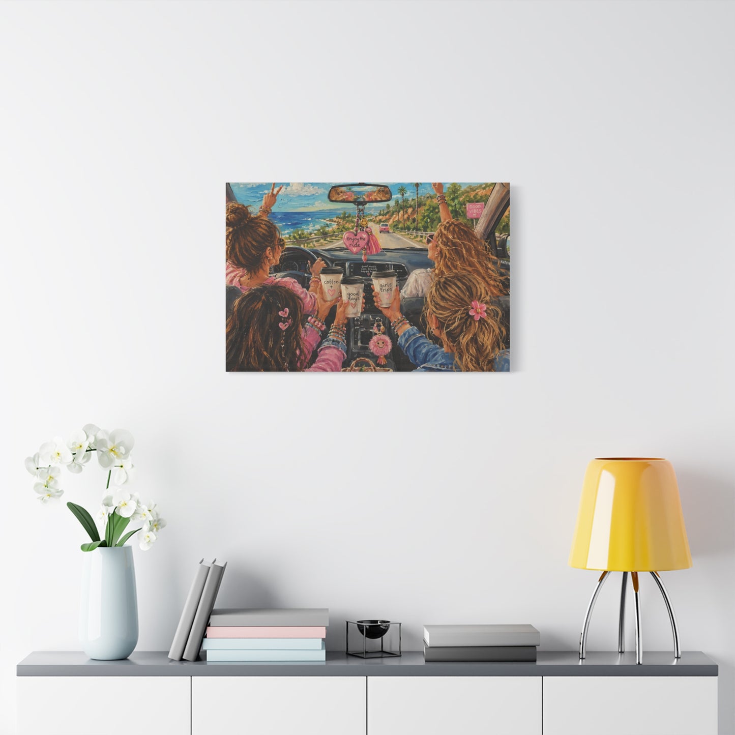 Girls' Beach Road Trip Canvas Wall Art – Colorful Acrylic Painting of Best Friends, Coffee Drive & Coastal Adventure
