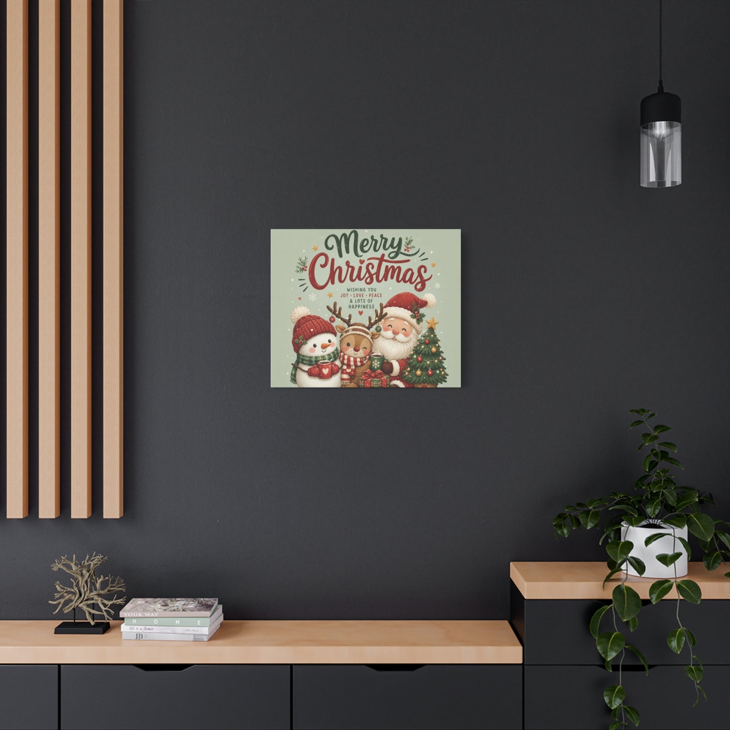 Merry Christmas Canvas Wall Art – Cute Santa, Snowman & Reindeer Holiday Print