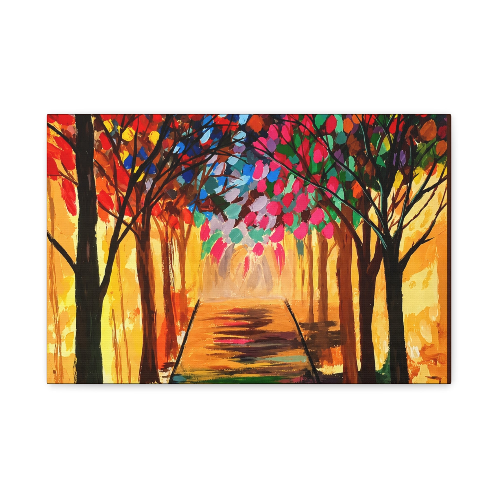 Colorful Tree Path Matte Canvas Print — Vibrant Autumn Forest Wall Art