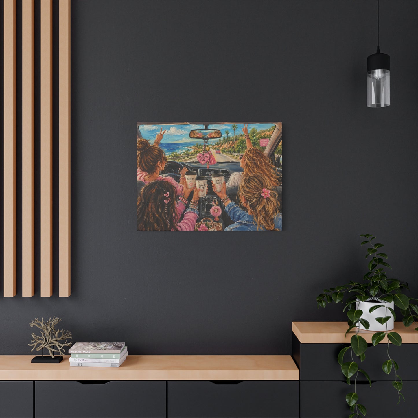 Girls' Beach Road Trip Canvas Wall Art – Colorful Acrylic Painting of Best Friends, Coffee Drive & Coastal Adventure