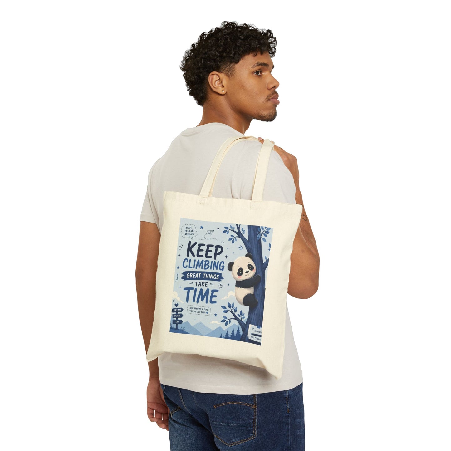 Cute Panda Reusable Canvas Tote Bag | Keep Climbing Inspirational Gift