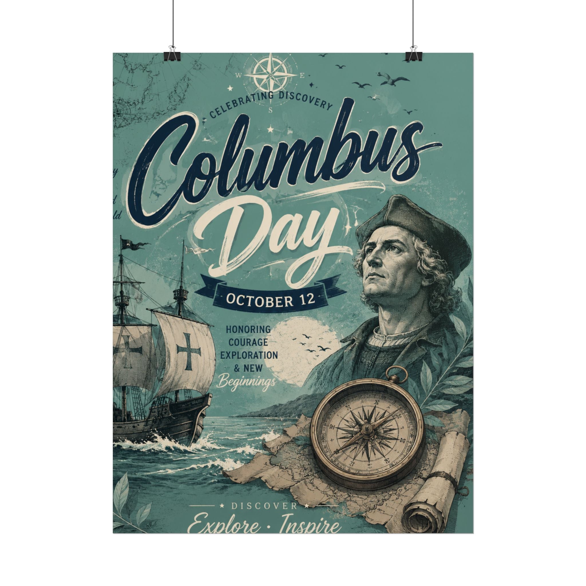 Columbus Day Poster — Rolled Vintage Exploration Print (October 12)