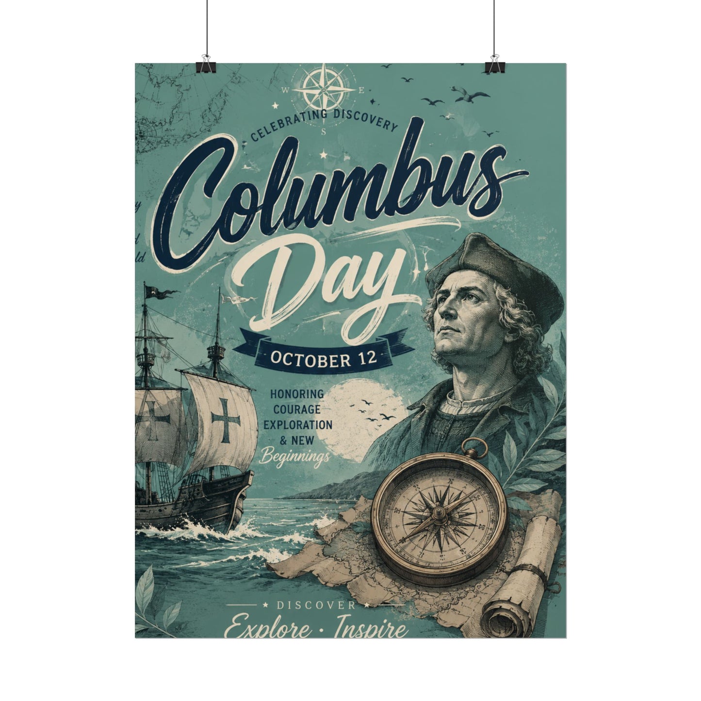 Columbus Day Poster — Rolled Vintage Exploration Print (October 12)